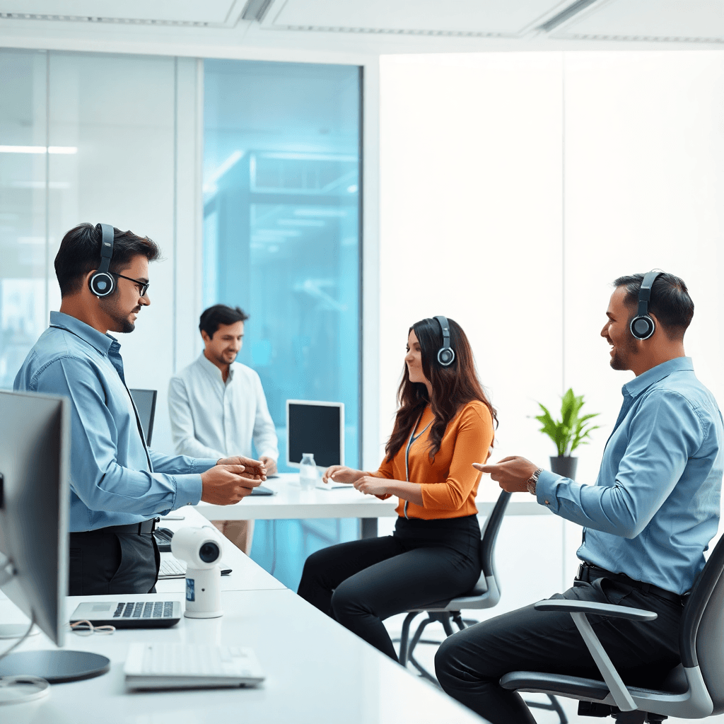 modern AI office with diverse team collaborating on futuristic technology, professional corporate setting