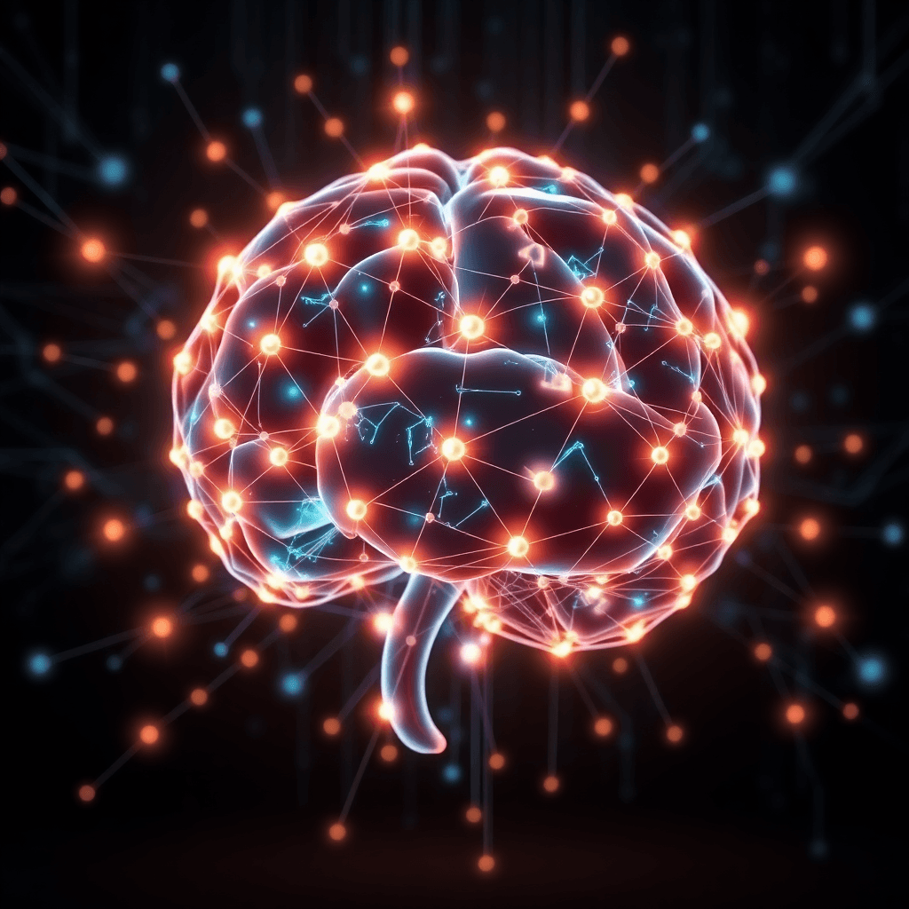 futuristic AI brain neural network visualization with glowing nodes and connections, dark tech background